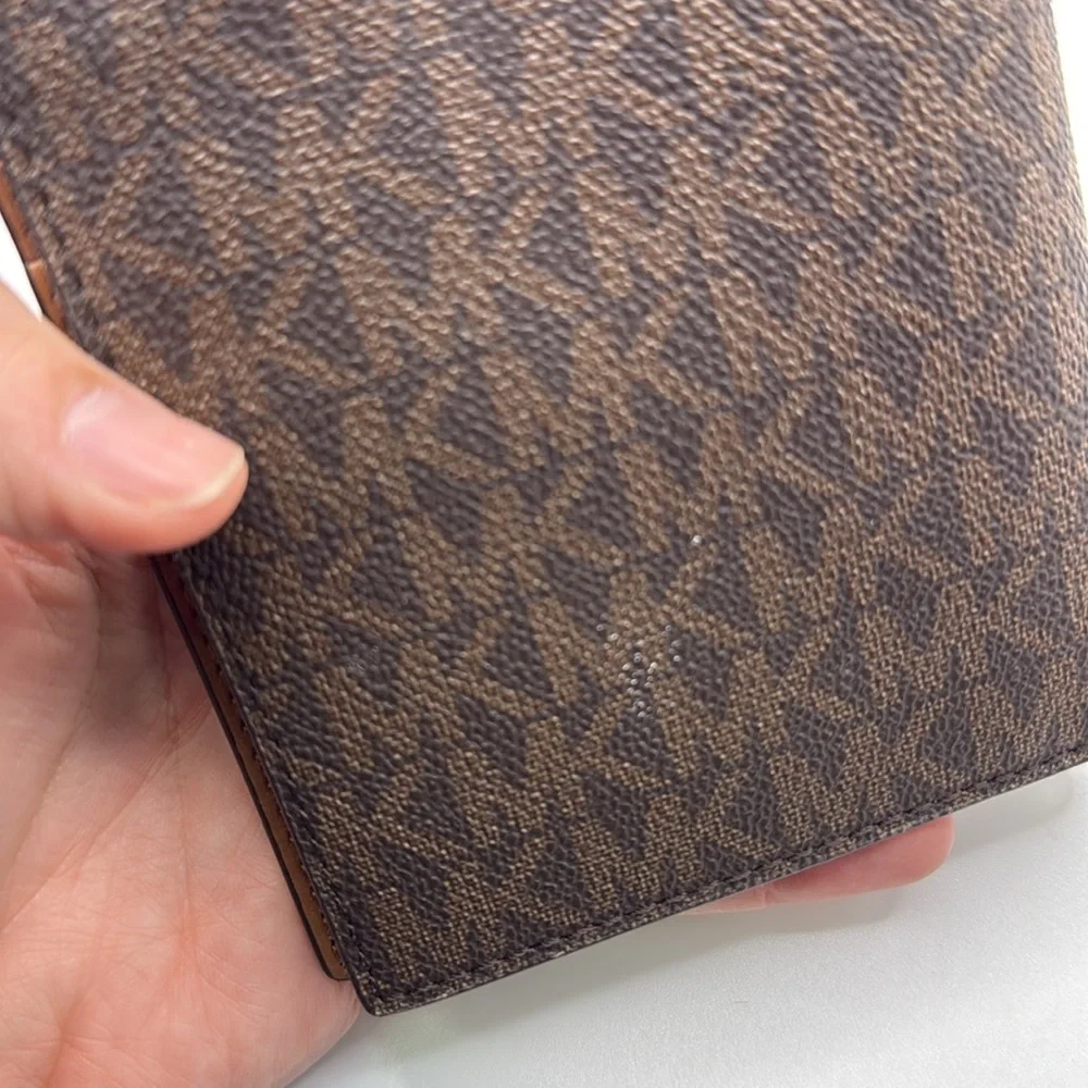 Michael Kors Brown Wallet Bifold ID Card Holder Logo Print Travel Passport Case